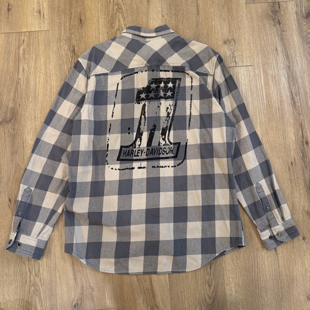Harley-Davidson Mens Flannel Shacket Shirt Grey Plaid No 1 Logo Button Up Large